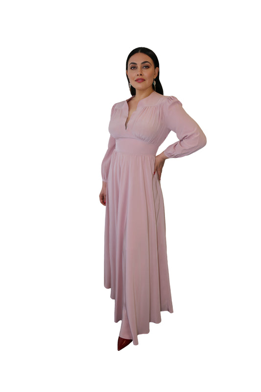 Long Sleeve Rose Pink Silk Dress