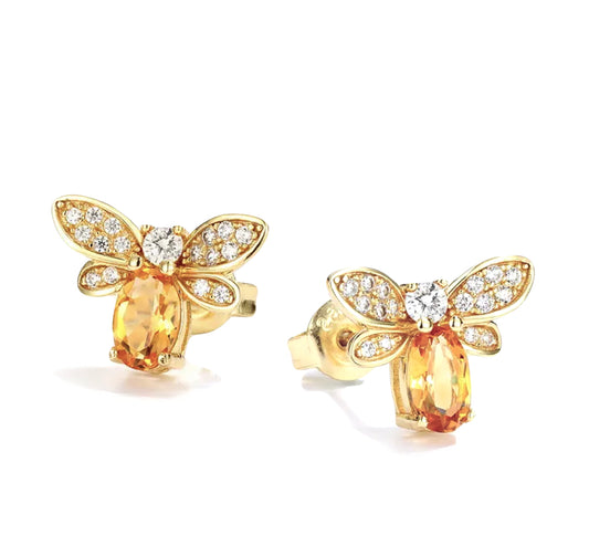 Handcrafted Citrine Bee Earrings in 18K gold plated sterling silver, featuring honey-gold citrine gemstones and sparkling cubic zirconia accents.
