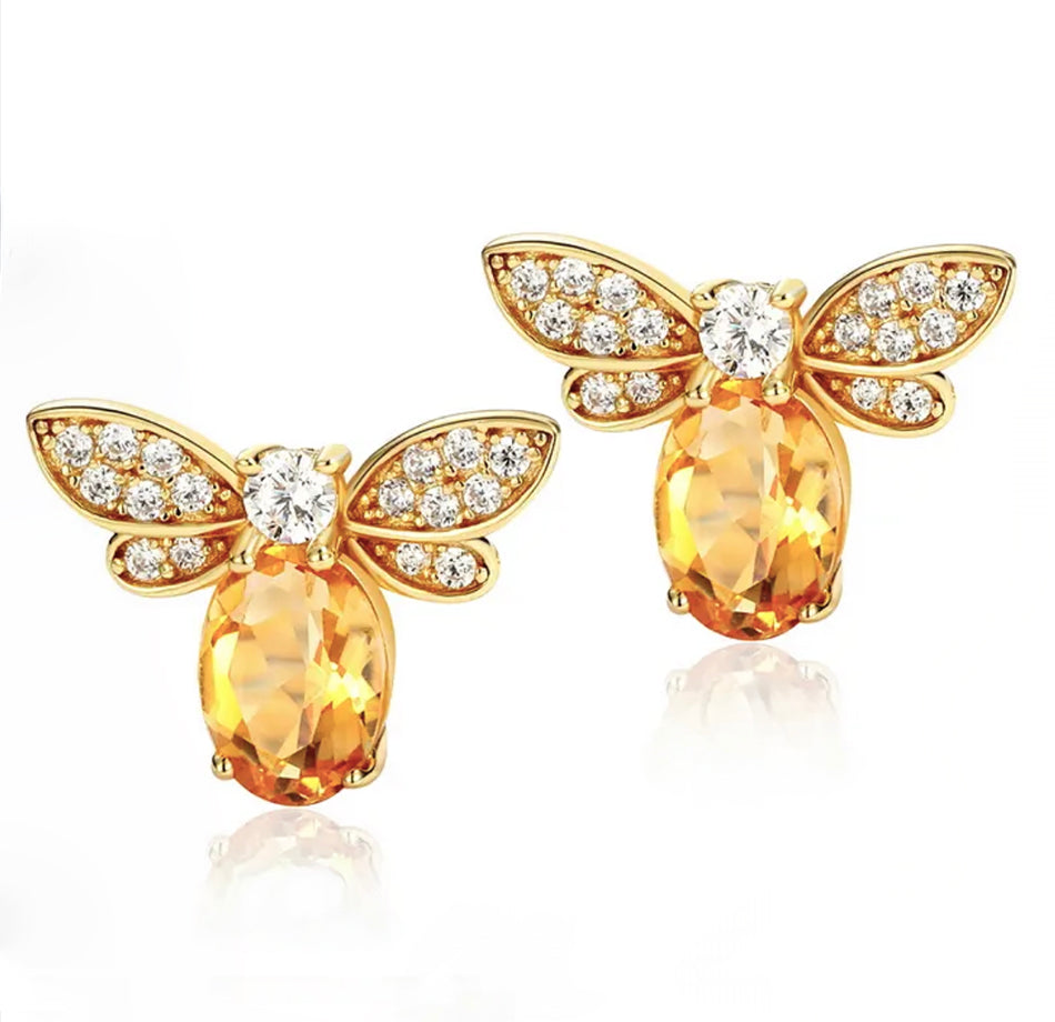 Pair of Citrine Bee Earrings in 18K gold plated sterling silver, with citrine gemstones and sparkling cubic zirconia accents.