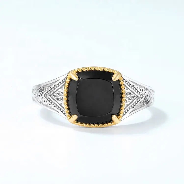 Black Agate Silver Ring