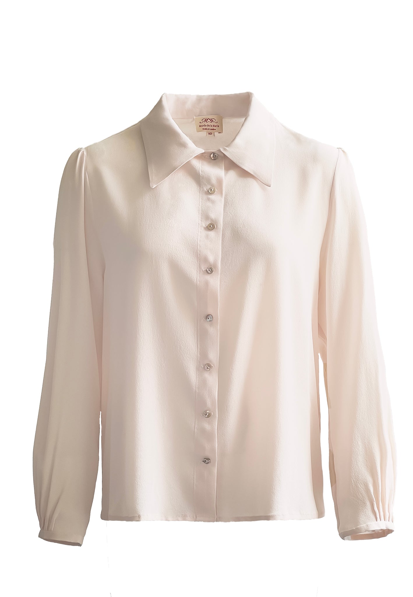 Handcrafted pink silk blouse by Moda de la Maria, with pearl buttons and hand-finished pleats, sustainable womenswear made in England.