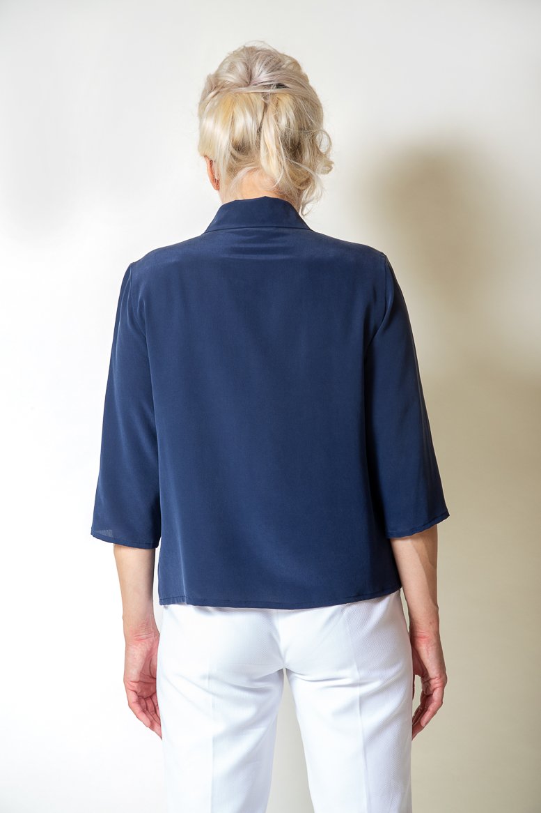 Navy Silk Blouse With Pearls Buttons