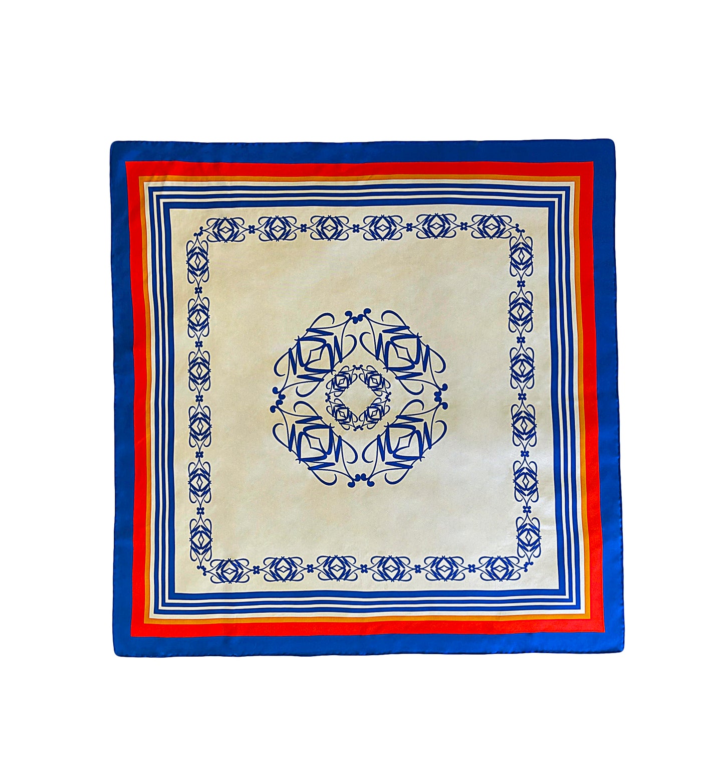 Red square silk scarf styled around the waist as a belt, a versatile, sustainable fashion accessory by Moda de la Maria, woven and printed in the UK.