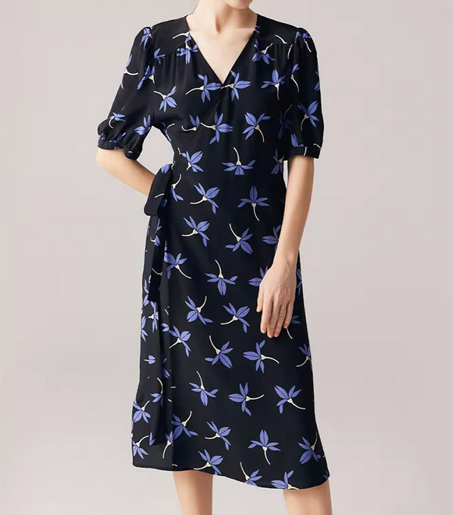Wrap Silk Dress floral printed