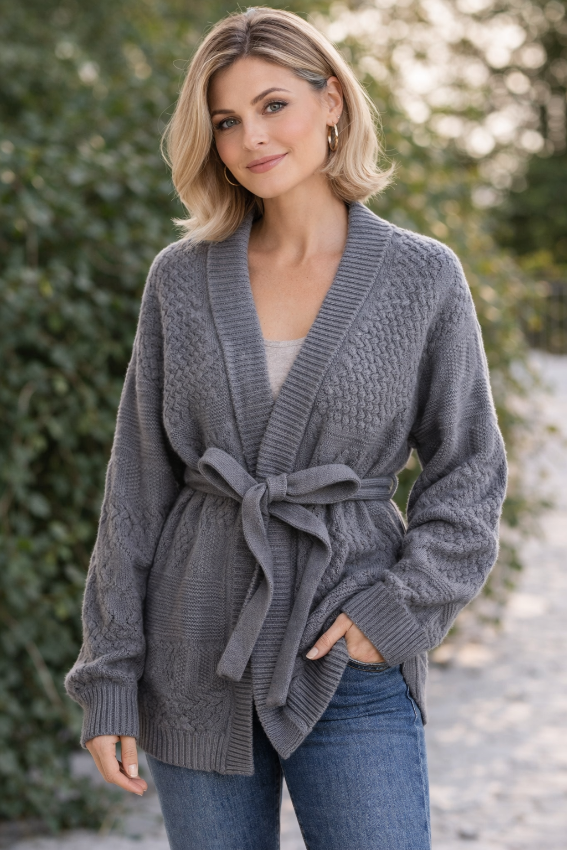 Grey cable knit belted cashmere cardigan for women by Moda de la Maria on wooden hanger against white background