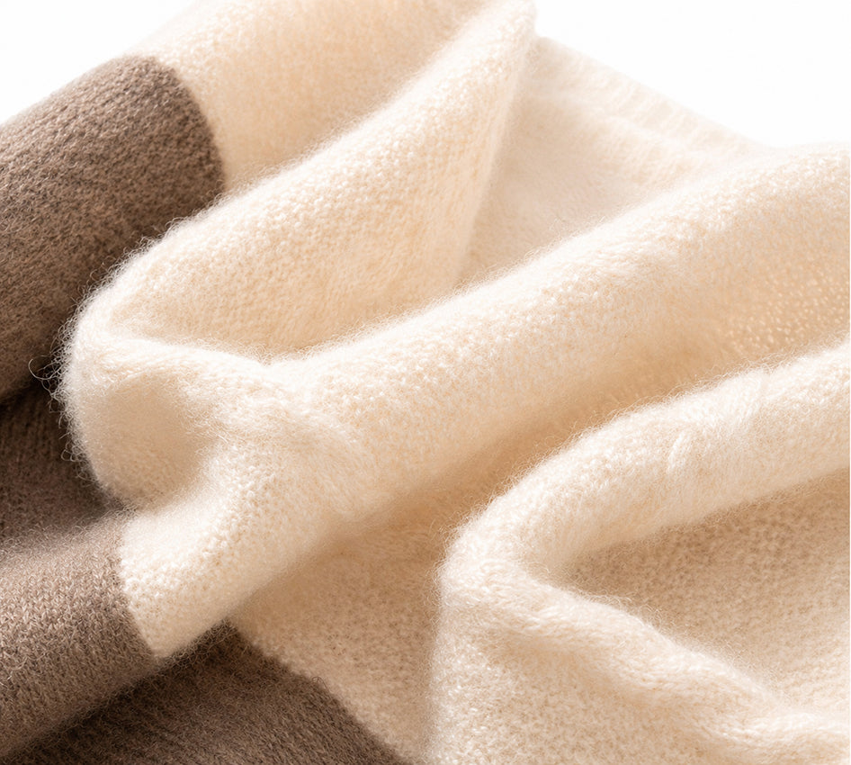 Moda de la Maria 100% pure cashmere colour block scarf in cream and light brown featuring an ultra-soft brushed cashmere finish and timeless luxury design.