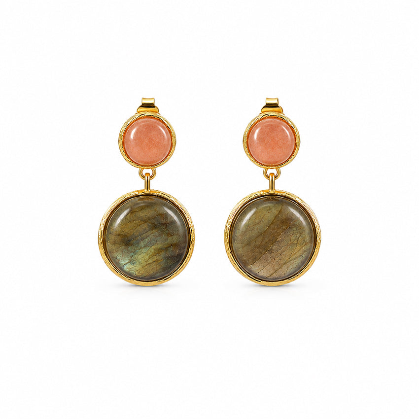 Handcrafted natural labradorite and pink gemstone drop earrings with 18ct gold-plated 925 sterling silver designed for timeless everyday elegance.