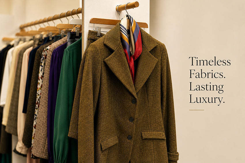 ALT text:  Luxury natural fabrics including wool tweed and silk in timeless womenswear by Moda de la Maria