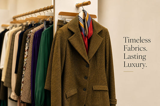 ALT text:  Luxury natural fabrics including wool tweed and silk in timeless womenswear by Moda de la Maria