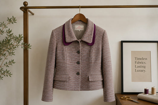 Luxury British tweed jacket handcrafted in London by Moda de la Maria, made from natural wool with couture tailoring, timeless design and sustainable slow fashion craftsmanship.