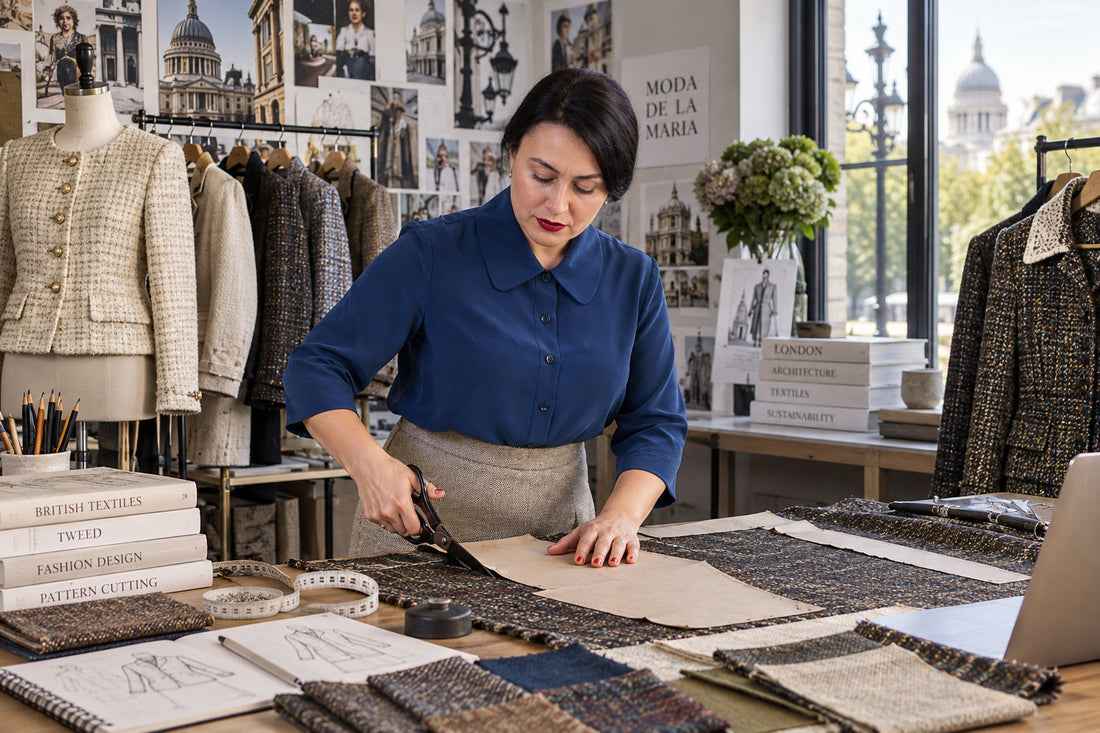 Maria Ruseva, founder of Moda de la Maria, pattern cutting tweed in her London studio surrounded by womenswear, sketches and architectural inspiration