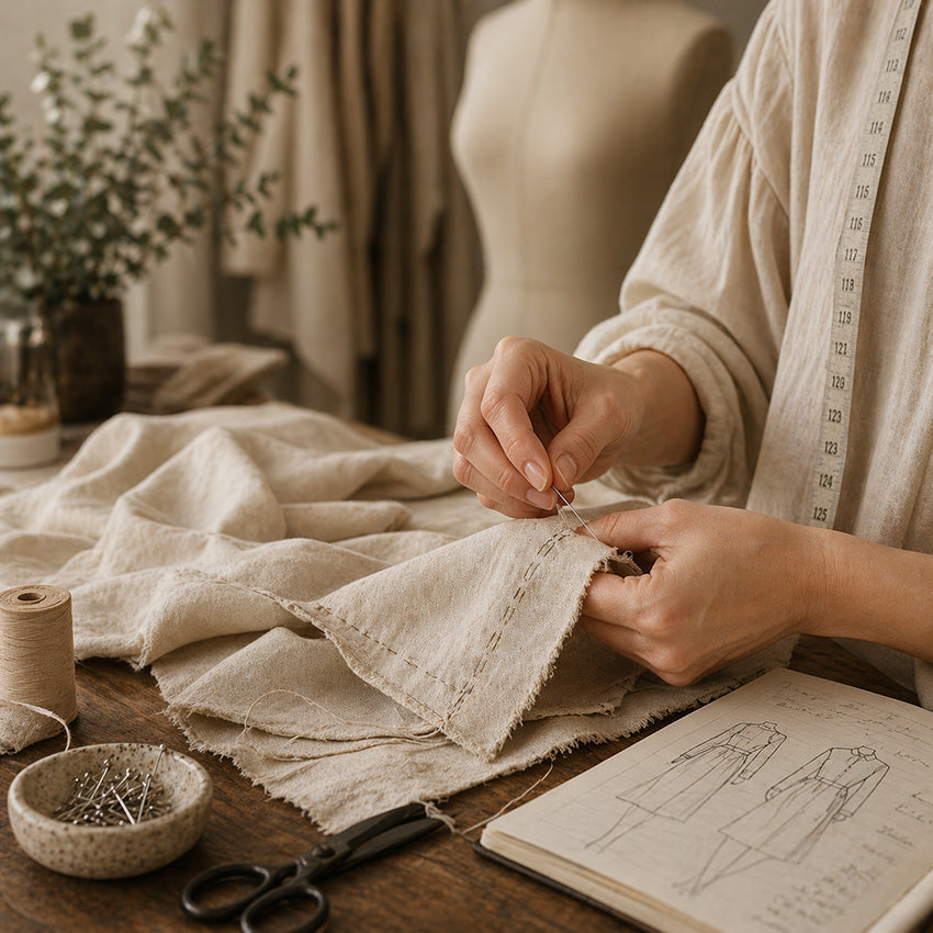 Woman carefully repairing a luxury wool garment in a London atelier representing sustainable fashion and timeless craftsmanship