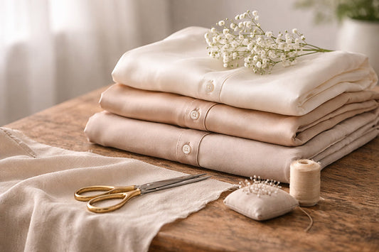 Folded silk garments on wooden table with fabric care tools, showing how to care for sFolded silk garments in neutral tones on wooden table showing luxury silk clothing care and storage