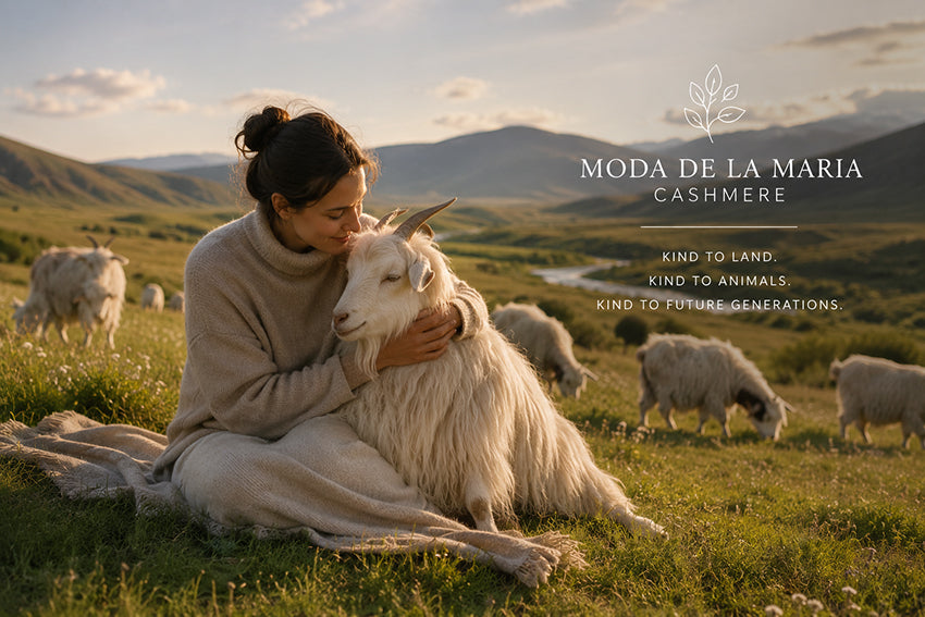 Woman wearing soft neutral cashmere clothing sitting peacefully with a white cashmere goat in a natural mountain landscape, representing sustainable cashmere and ethical natural fibres by Moda de la Maria.