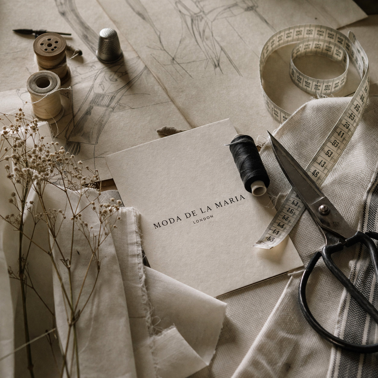 Private atelier and bespoke womenswear service by Moda de la Maria, featuring handcrafted luxury garments created in London with refined tailoring, natural fabrics and couture-level craftsmanship.