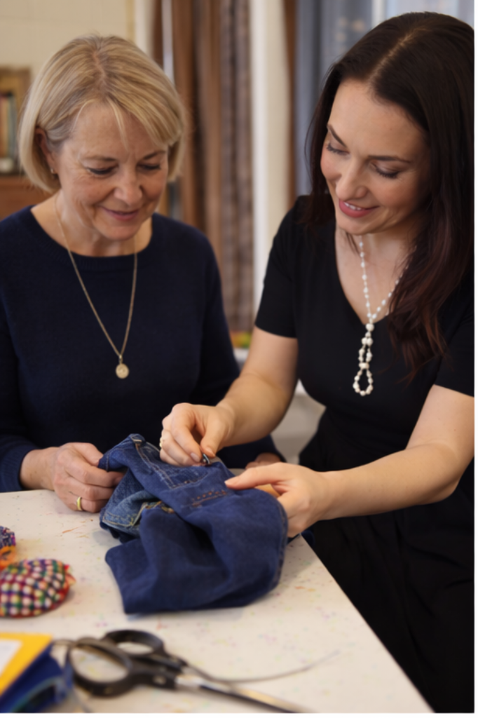 Private sewing class in London learning garment repair and sewing techniques at Moda de la Maria studio