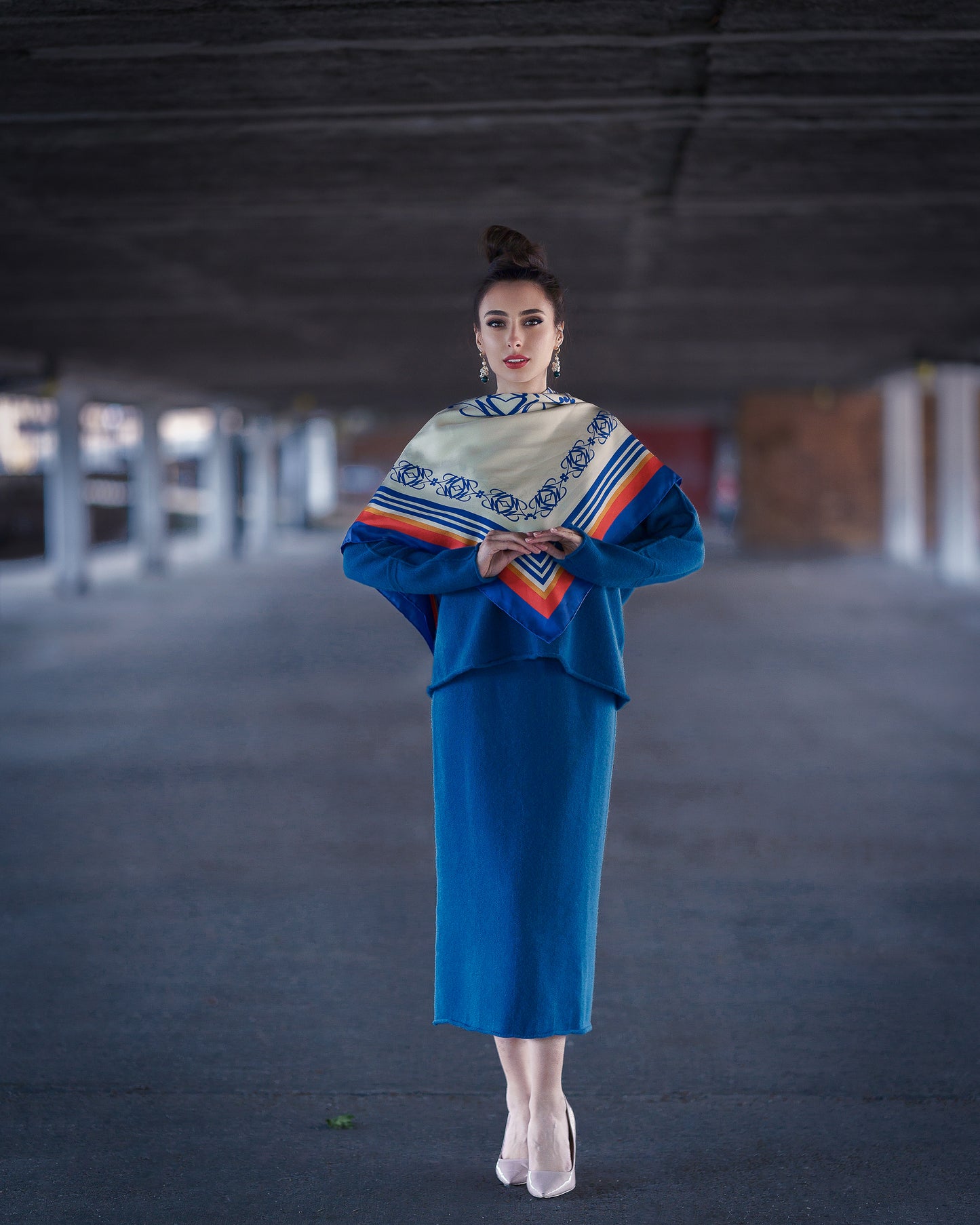 Luxury Mustard Yellow & Blue Cashmere Skirt Suit – Elegant Two-Piece