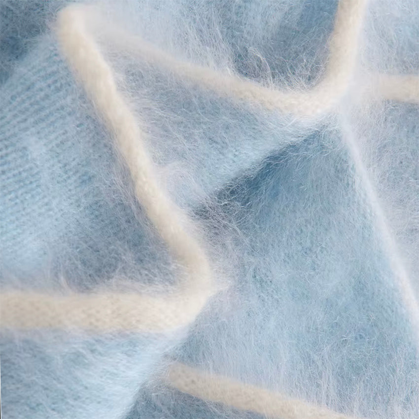 Soft blue 100% pure cashmere triangle scarf with cream contrast edging and fluffy brushed texture