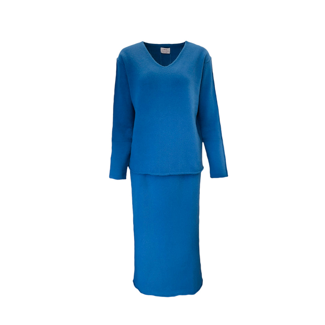Luxury Mustard Yellow & Blue Cashmere Skirt Suit – Elegant Two-Piece