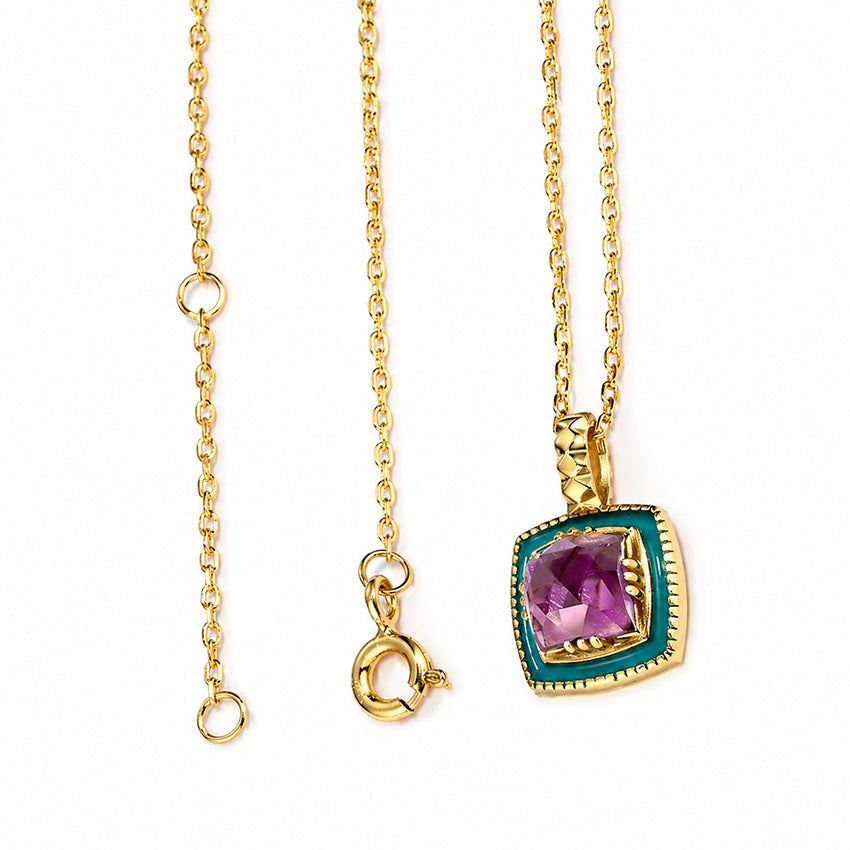 Enamel amethyst gold plated sterling silver necklace by Moda de la Maria with purple gemstone pendant on white background, luxury women’s jewellery London