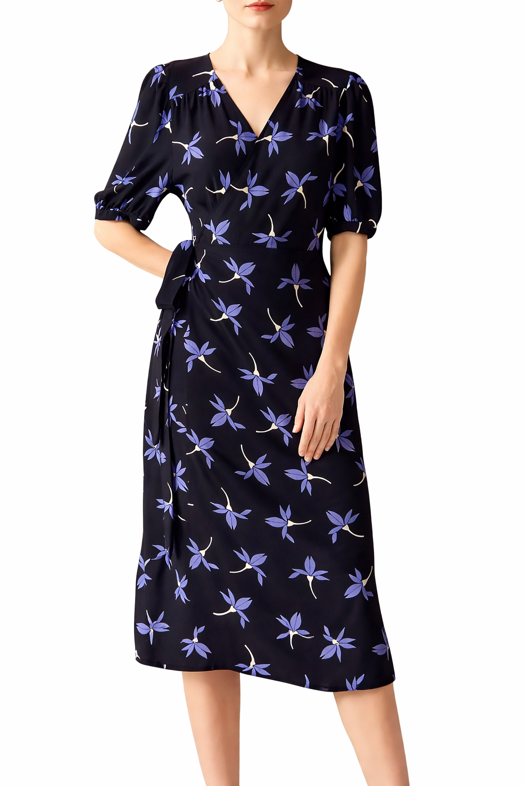 Luxury floral silk wrap dress in 100% Mulberry Silk Crepe de Chine, shown from the front.