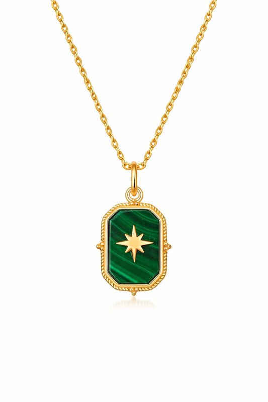 Minimalist malachite pendant necklace in gold-plated sterling silver, elegant fine jewellery designed for modern women who value quality and craftsmanship.