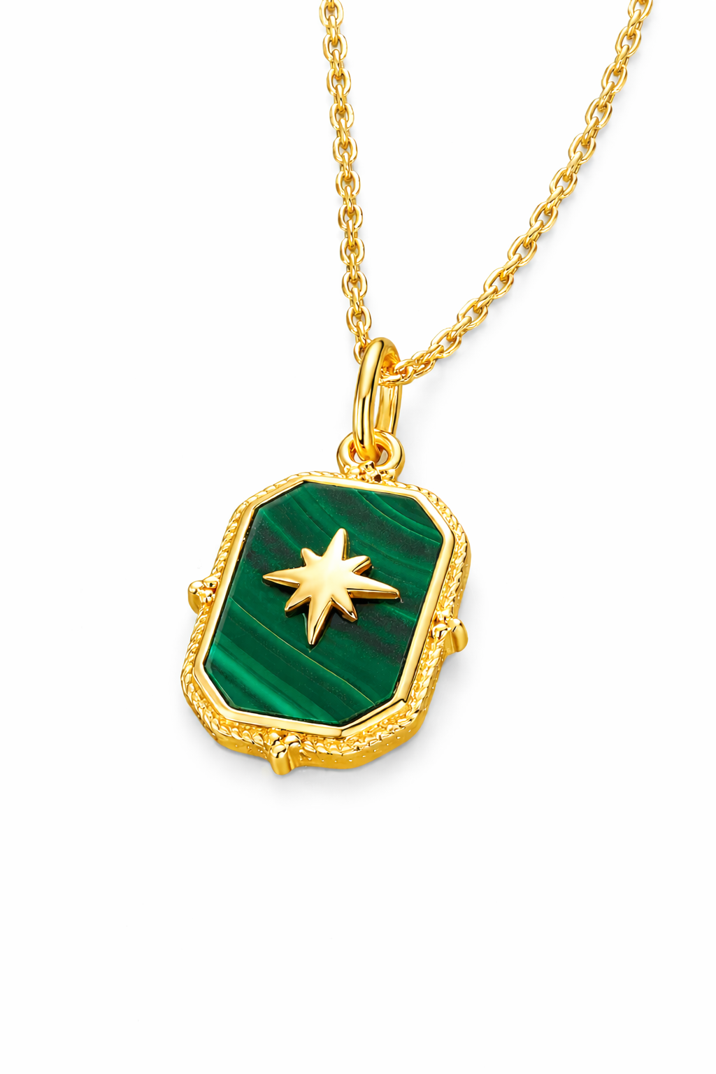 Elegant green malachite pendant necklace with gold star detail, fine 18k gold-plated chain, refined minimalist jewellery for sophisticated women.