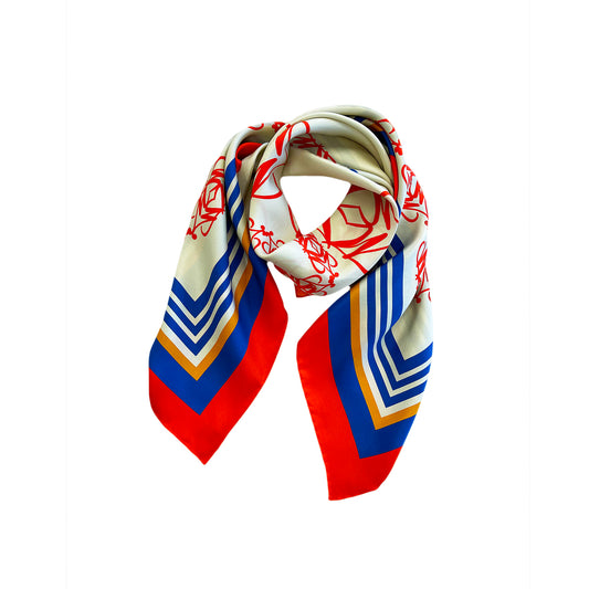 Moda de la Maria red silk twill scarf, 1970s-inspired square design with printed ornaments, luxury women’s accessory handmade in England.