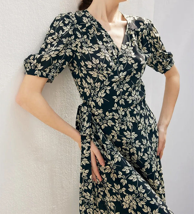 Black Silk Floral Printed Dress