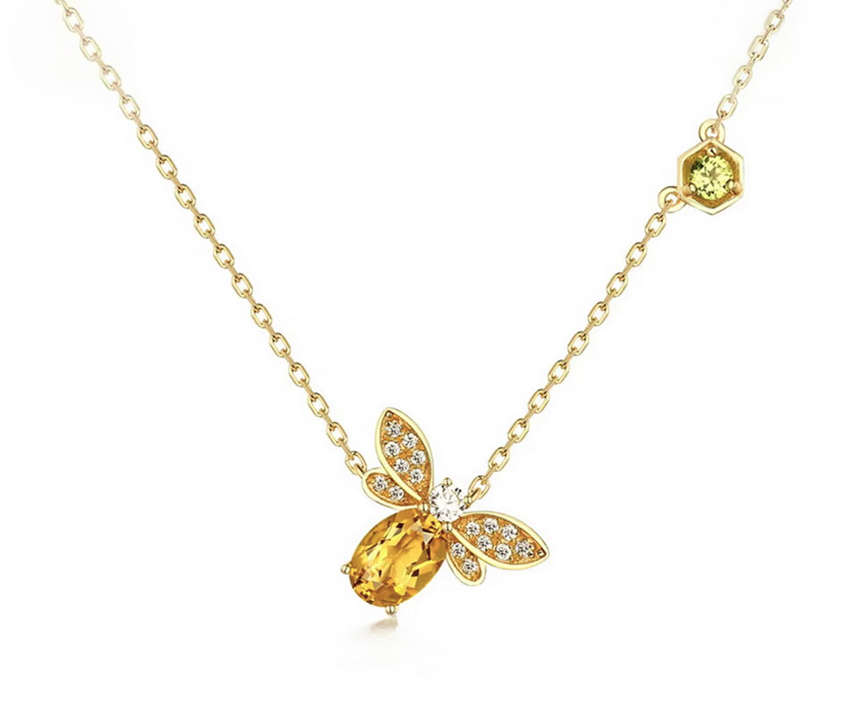 Citrine bee pendant necklace in hallmarked sterling silver with 18K gold plating and cubic zirconia accents by Moda de la Maria