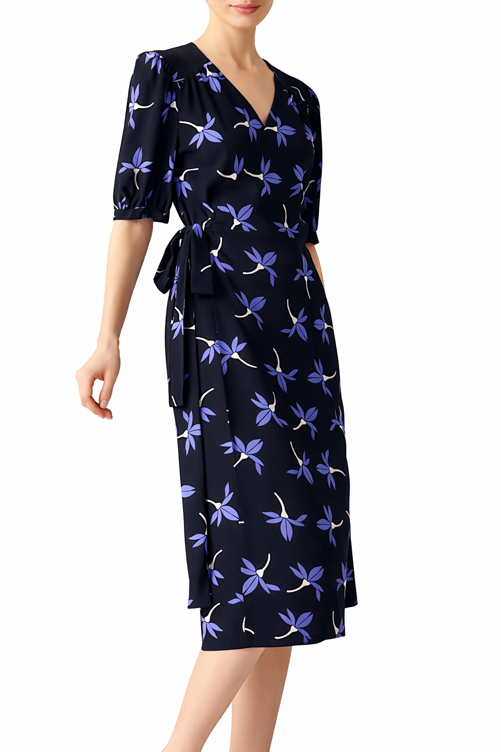 Elegant floral silk wrap dress with delicate digital print, crafted from Mulberry silk, back view.