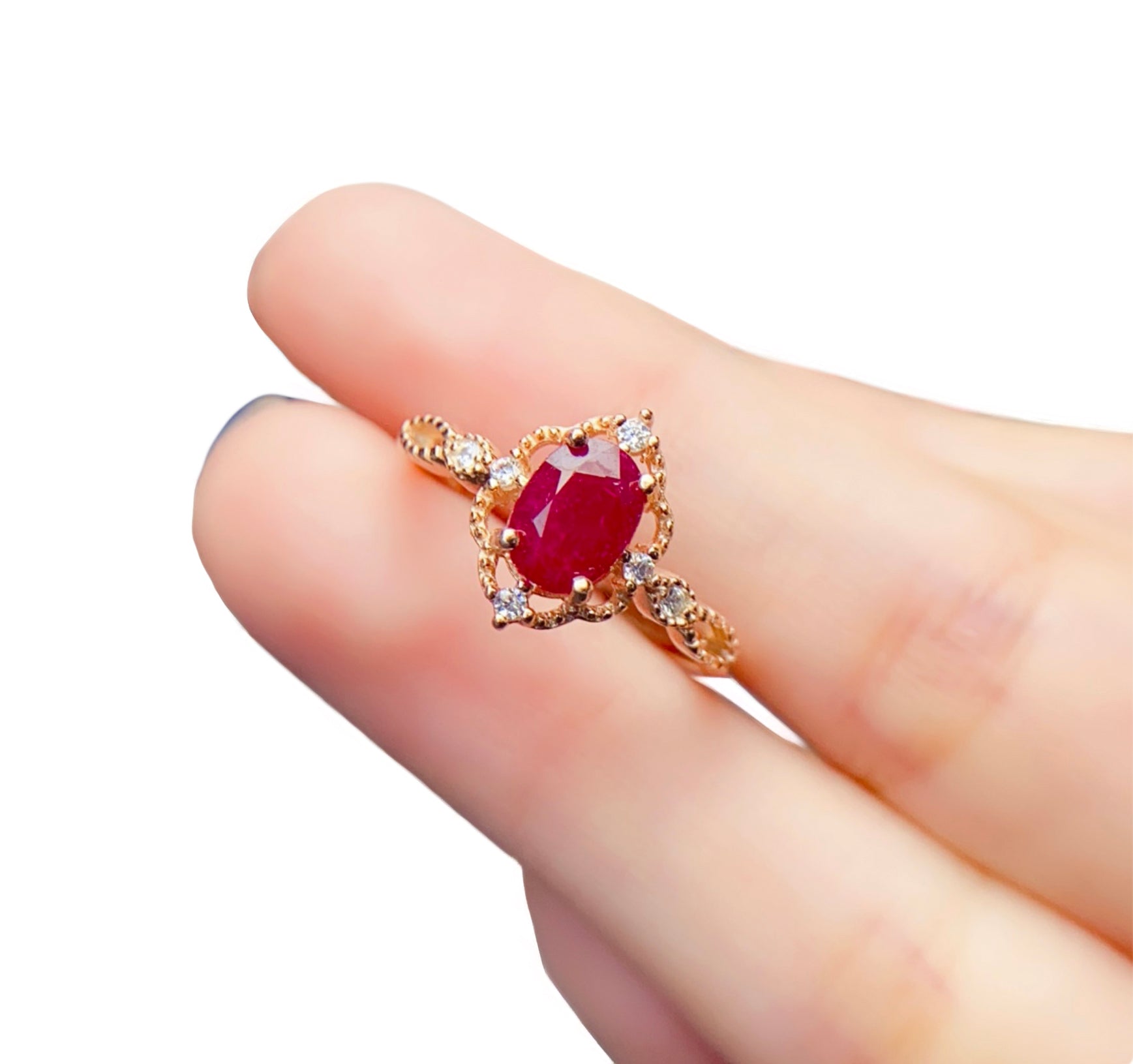 Luxury ruby ring, 18K rose gold plated sterling silver.
