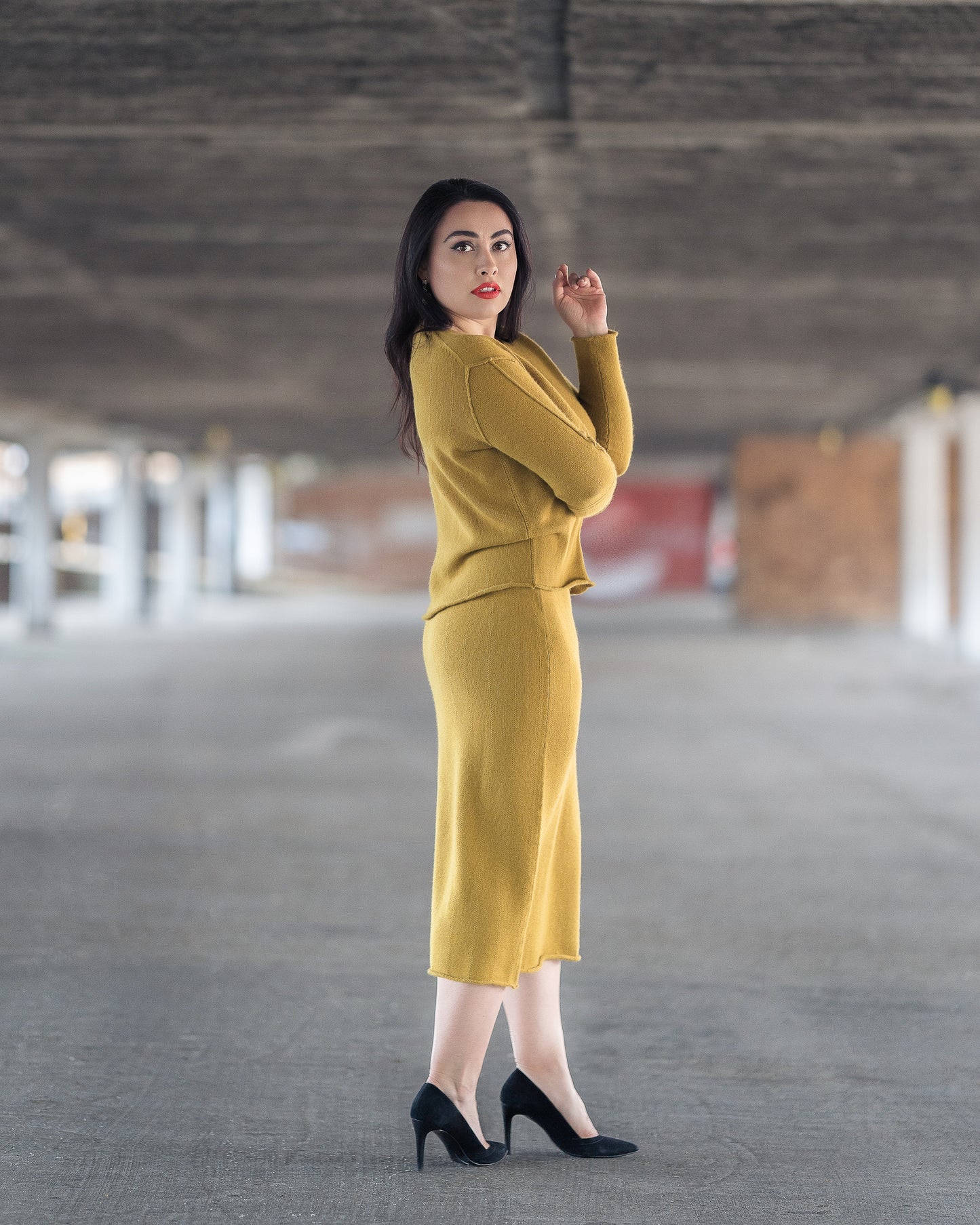 Luxury Mustard Yellow & Blue Cashmere Skirt Suit – Elegant Two-Piece