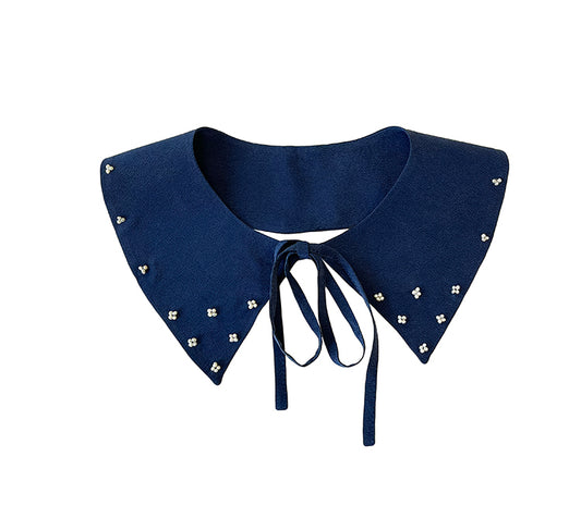 Handcrafted navy blue silk collar with natural freshwater pearls by Moda de la Maria, sustainable luxury womenswear accessory made in England.
