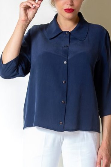 Navy Silk Blouse With Pearls Buttons