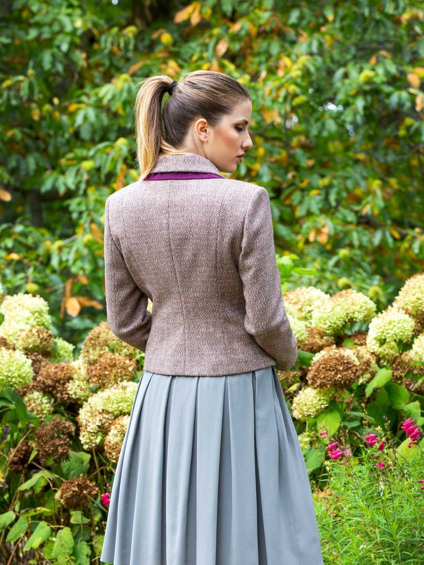 Organic tweed wool granite Jacket With Detachable Red Silk Collar