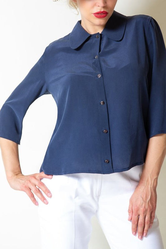 Navy Silk Blouse With Pearls Buttons