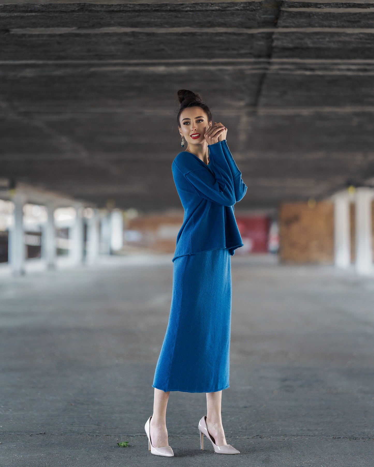 Luxury Mustard Yellow & Blue Cashmere Skirt Suit – Elegant Two-Piece