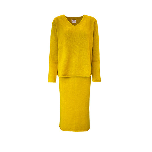 Luxury Mustard Yellow & Blue Cashmere Skirt Suit – Elegant Two-Piece