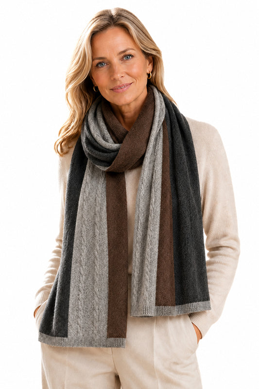 Luxury 100% pure cashmere colour-block scarf in ash, ivory and taupe worn by a woman on a pure white background. Soft knitted cashmere designer scarf by Moda de la Maria.
Or, if you want something slightly more editorial:
Elegant woman wearing Moda de la Maria's luxury 100% pure cashmere colour-block scarf in ash, ivory and taupe on a clean white background. Soft knitted designer scarf for women.
