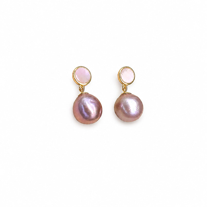 Luxury baroque freshwater pearl drop earrings featuring genuine freshwater pearls, natural mother-of-pearl and 18k gold-plated sterling silver, handcrafted for elegant women.