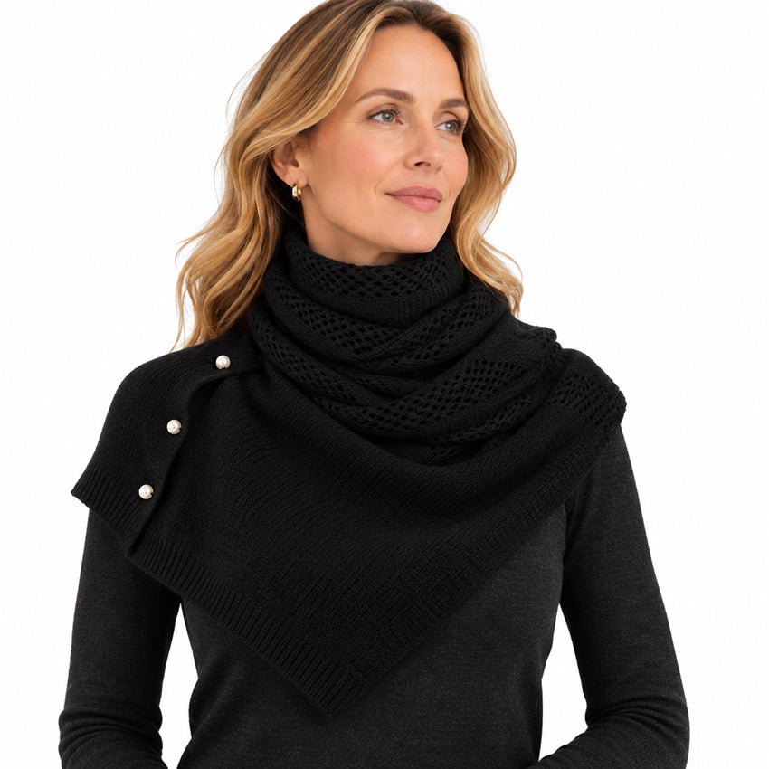 Woman wearing black pure cashmere convertible scarf cape wrapped around the neck with pearl buttons