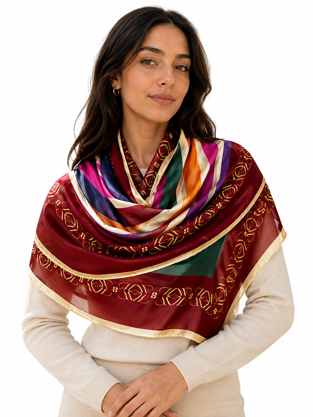 Brunette model wearing a long burgundy silk scarf with colourful artistic detailing and gold accents, styled with an ivory knit for timeless sustainable womenswear by Moda de la Maria.