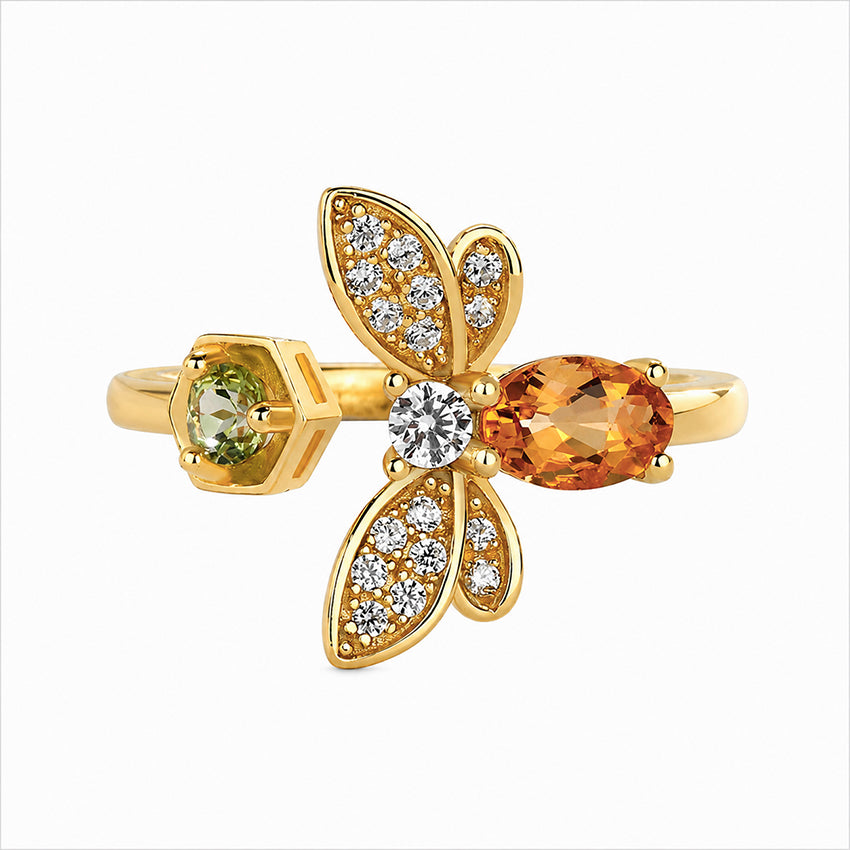 Adjustable gold-plated sterling silver bee ring with oval citrine, peridot and sparkling crystal details