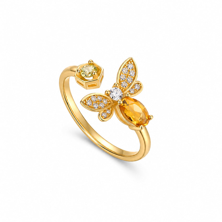 Citrine and peridot bee ring in gold-plated sterling silver with crystal-set wings