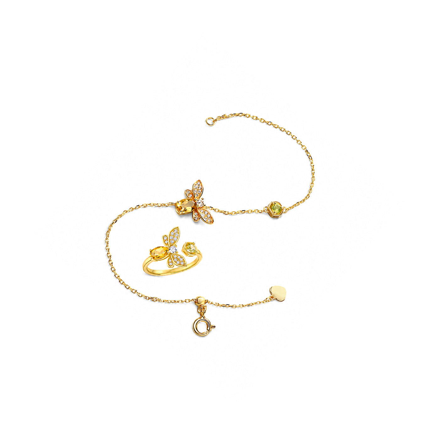 Citrine and peridot bee ring with matching gold-plated bee bracelet and crystal detailing