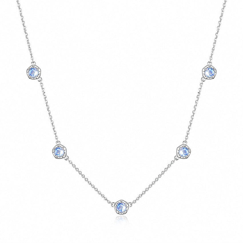 Natural moonstone silver necklace with five round gemstones in floral sterling silver settings