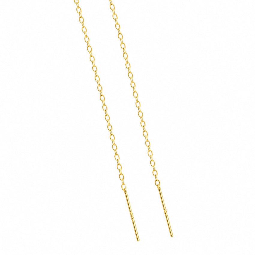 Gold threader earrings in 18K gold plated sterling silver with long fine chain design, minimalist drop earrings for women, elegant lightweight jewellery with delicate chain detail on white background