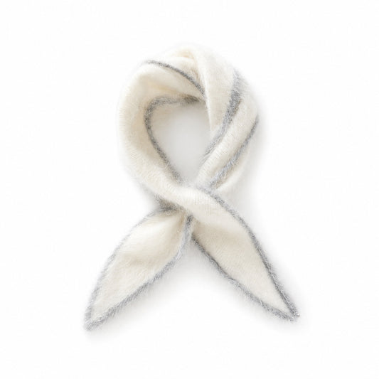 Ivory cashmere triangle scarf with grey contrast edging and soft fluffy knitted finish