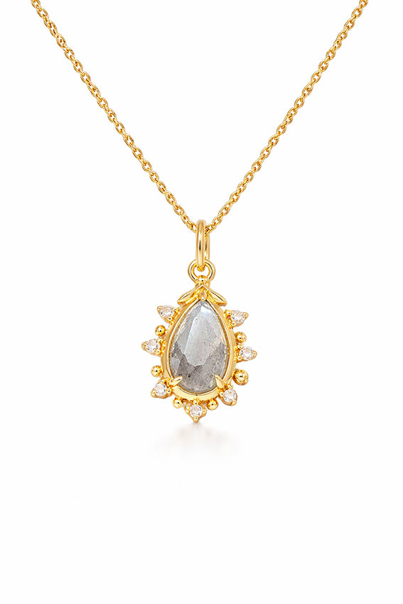 Gold labradorite teardrop pendant with crystal accents for detachable wreath necklace